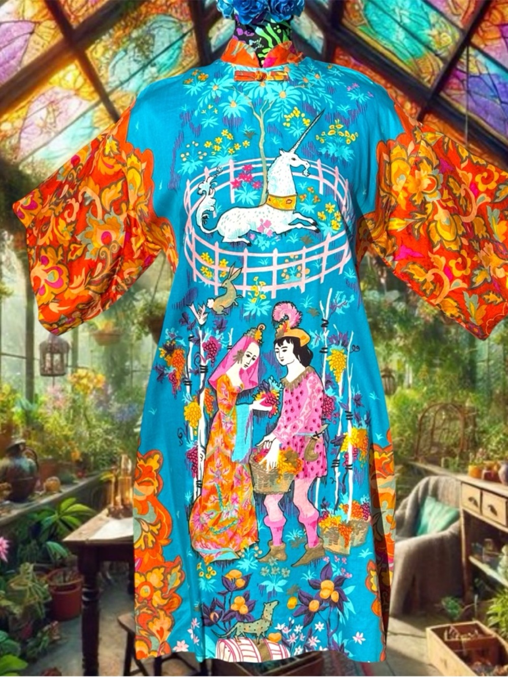 Vintage 50s 60s Last Unicorn 🌈 BARKCLOTH Qipao psychedelic kimono TIKI HAWAIIAN
